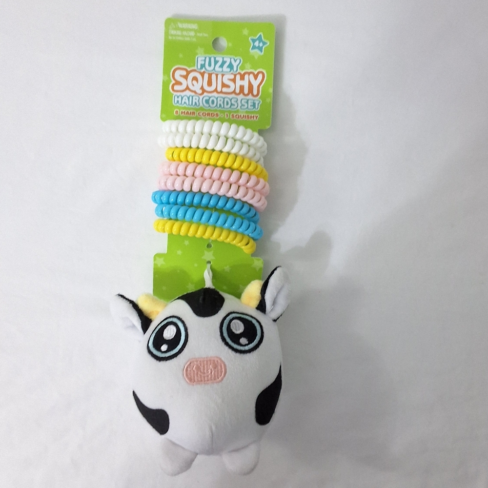 Fuzzy Cow Squishy Kids Spiral Hair Ties Set , Colorful Coil Hair Ties, NEW
